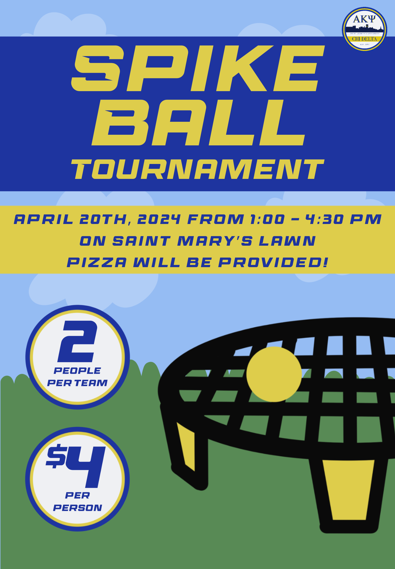 Spikeball flyer created by Cecilia Commero advertising a Spikeball Tournament fundraiser to support ASKPsi Chi Delta