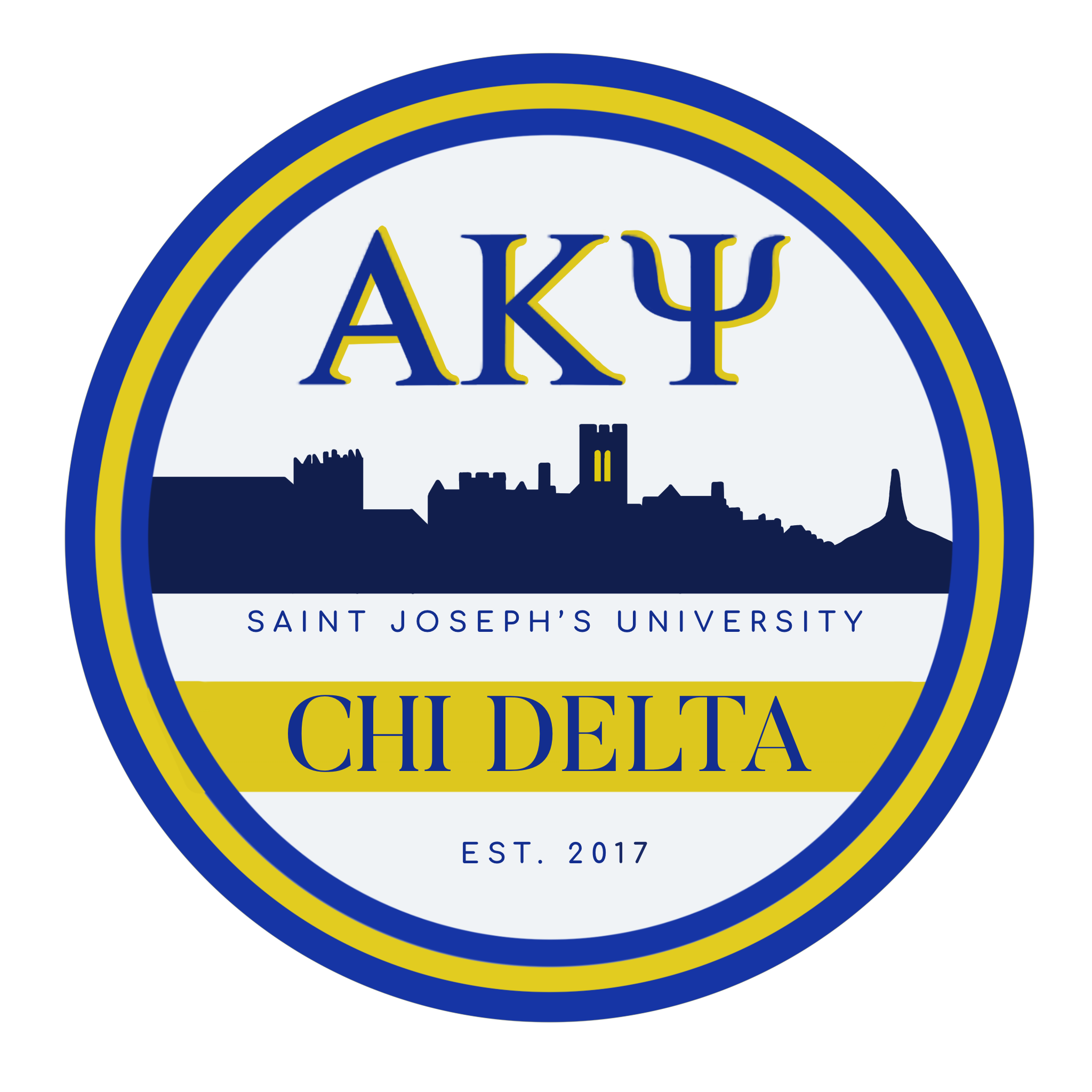 Logo created for Alpha Kappa Psi Chi Delta fraternity at SJU in white, blue and yellow
