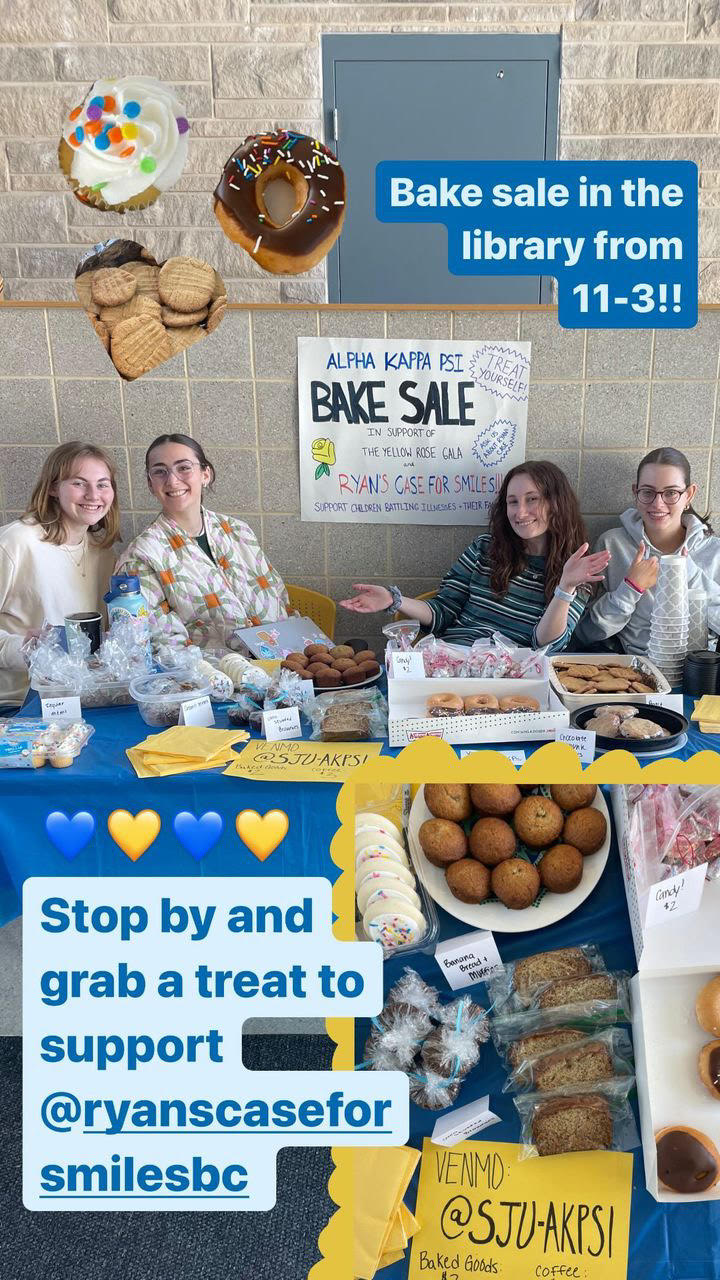  Story created for instagram by Cecilia Commero advertising a bake sale fundraiser to support ryans case for smiles. Image shows students at a table with baked goods in drexel library.