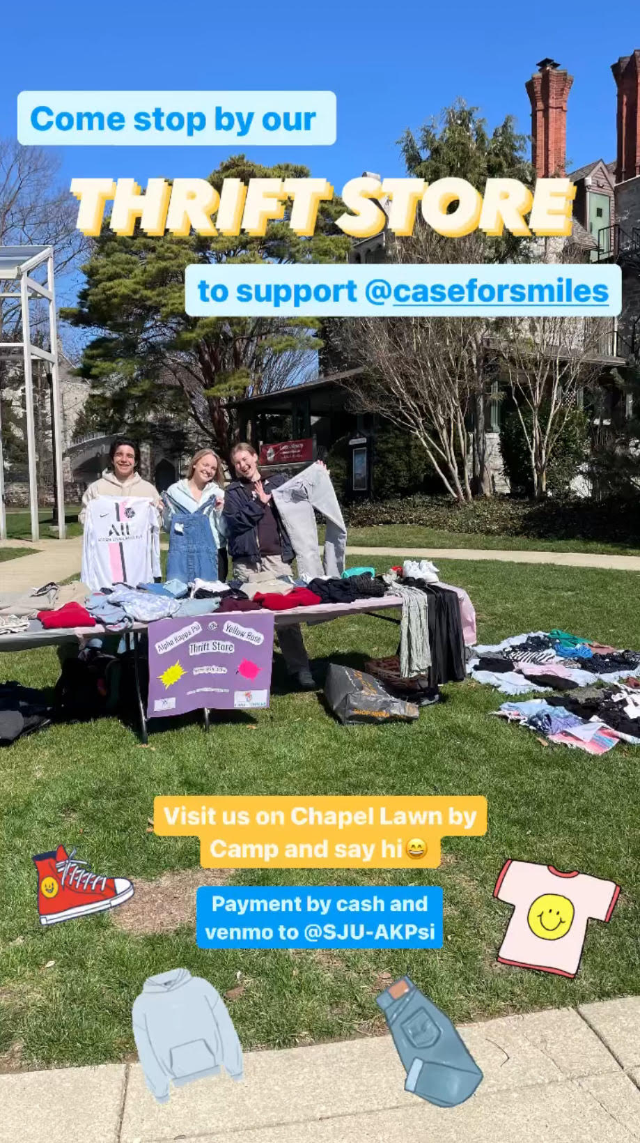 Story created for instgram promoting a thrist store fundraiser hosted by alpha kappa psi chi delta. image shows stuends outside with tables with clothing on them.